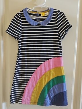Mini Boden Navy & White Striped Dress with Rainbow Applique